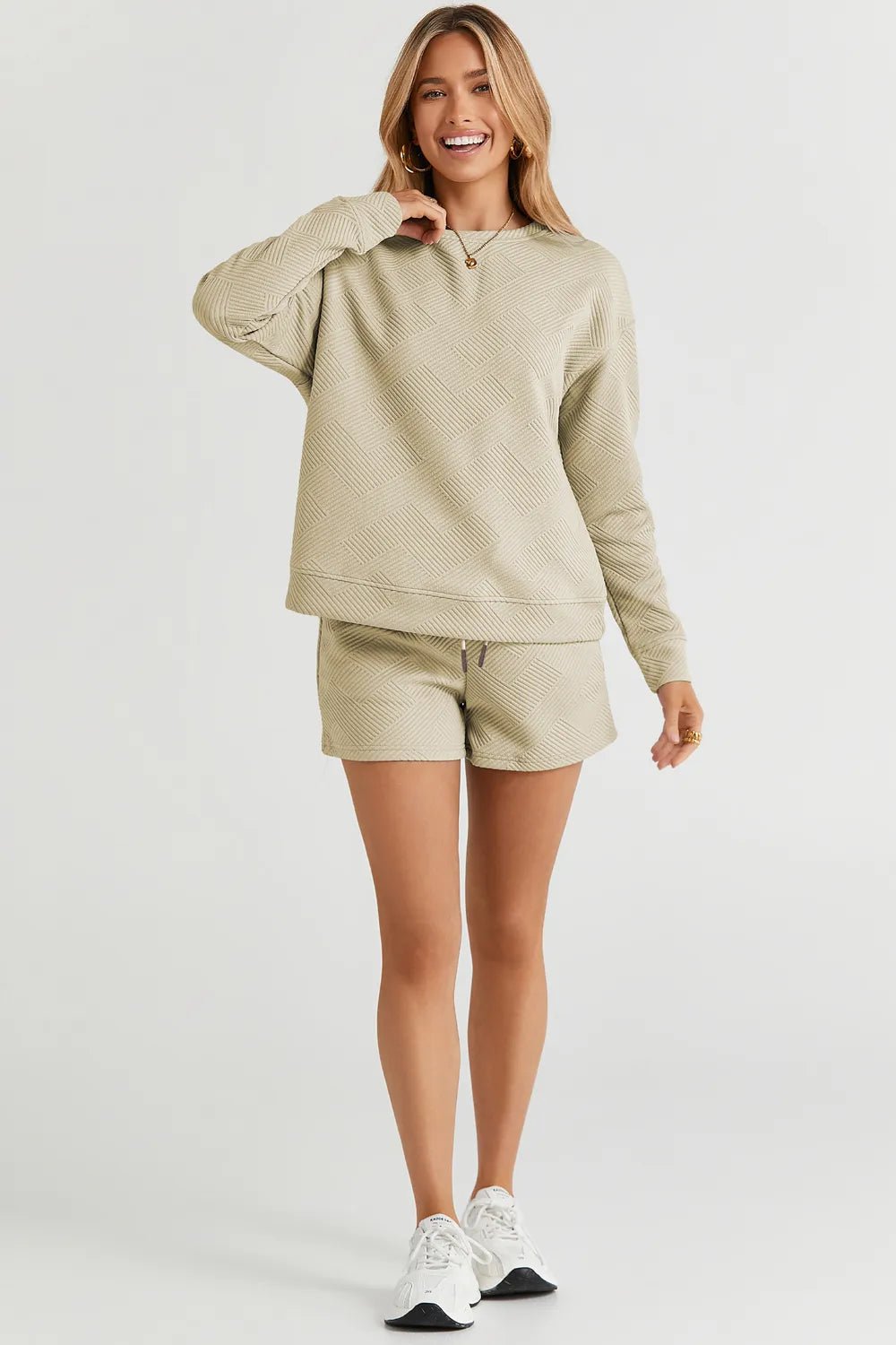 Double Take Full Size Texture Long Sleeve Top and Drawstring Shorts Set - PBNJ FASHIONS
