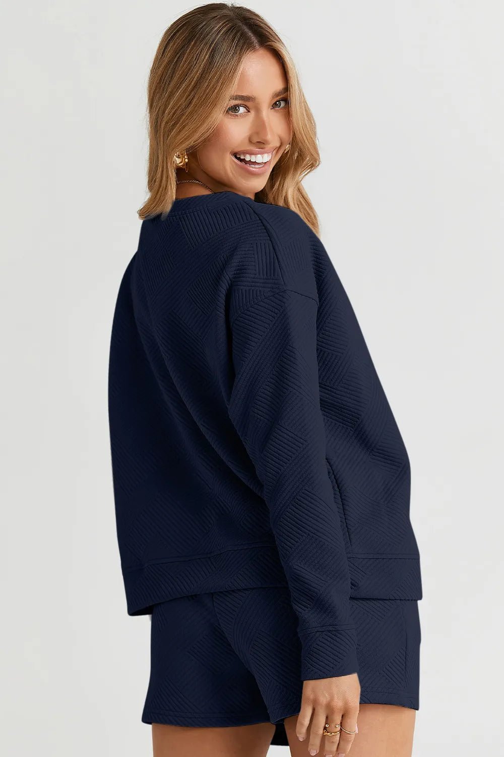 Double Take Full Size Texture Long Sleeve Top and Drawstring Shorts Set - PBNJ FASHIONS