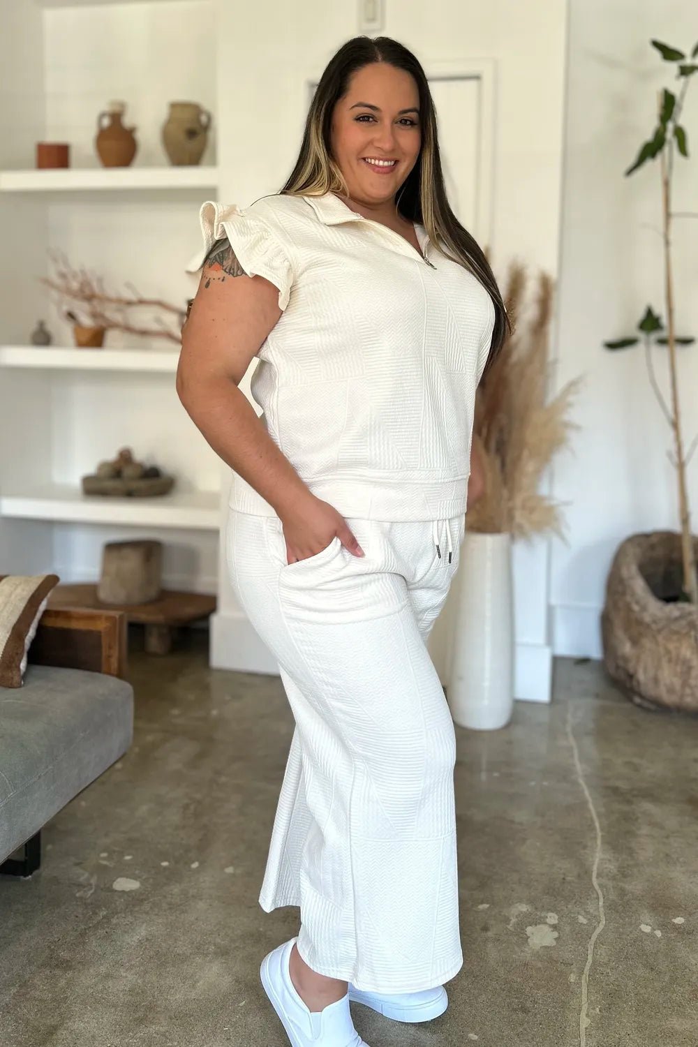 Double Take Full Size Texture Ruffle Short Sleeve Top and Wide Leg Pants Set - PBNJ FASHIONS