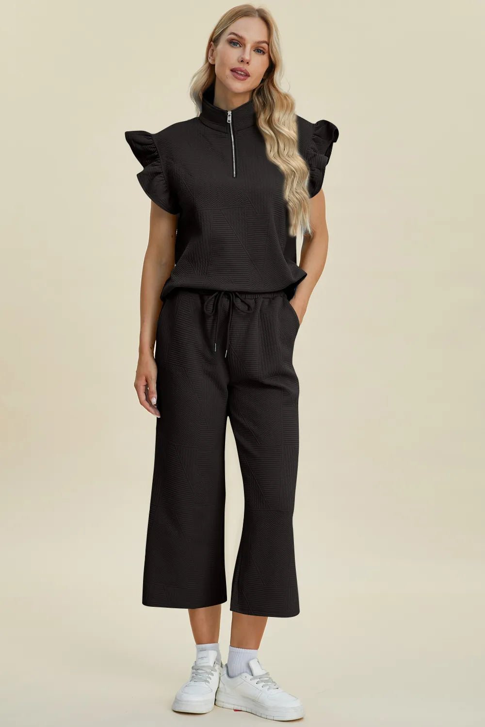 Double Take Full Size Texture Ruffle Short Sleeve Top and Wide Leg Pants Set - PBNJ FASHIONS