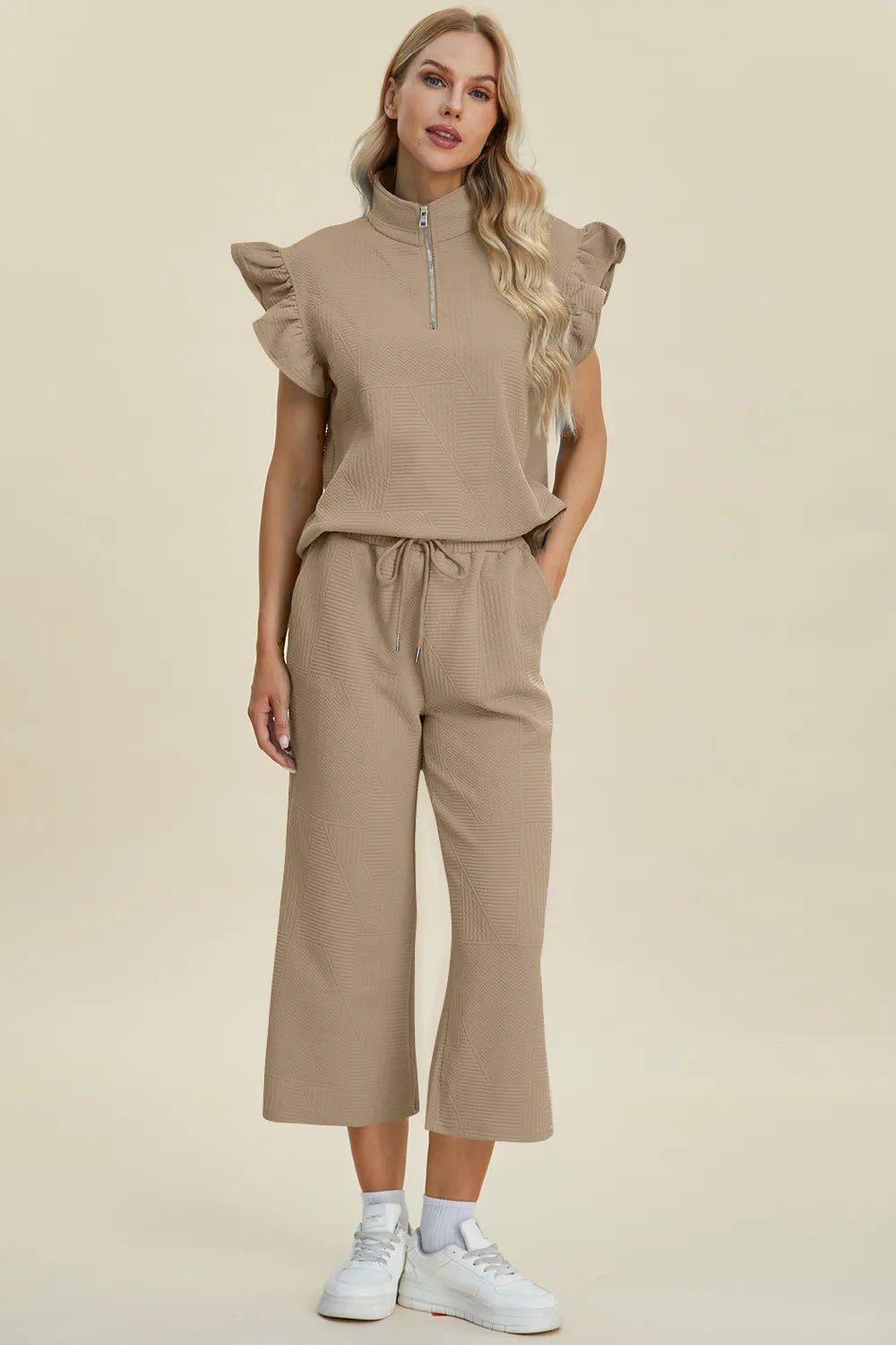 Double Take Full Size Texture Ruffle Short Sleeve Top and Wide Leg Pants Set - PBNJ FASHIONS