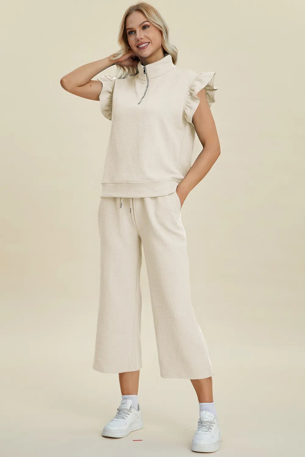 Double Take Full Size Texture Ruffle Short Sleeve Top and Wide Leg Pants Set - PBNJ FASHIONS