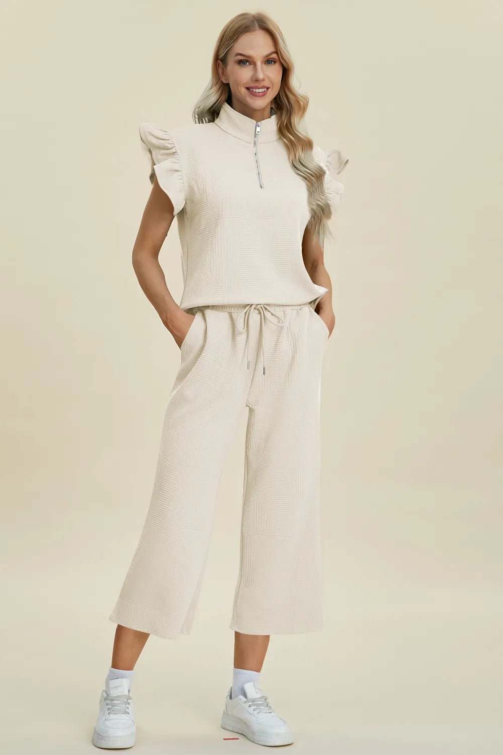 Double Take Full Size Texture Ruffle Short Sleeve Top and Wide Leg Pants Set - PBNJ FASHIONS