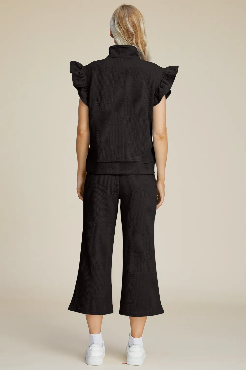 Double Take Full Size Texture Ruffle Short Sleeve Top and Wide Leg Pants Set - PBNJ FASHIONS