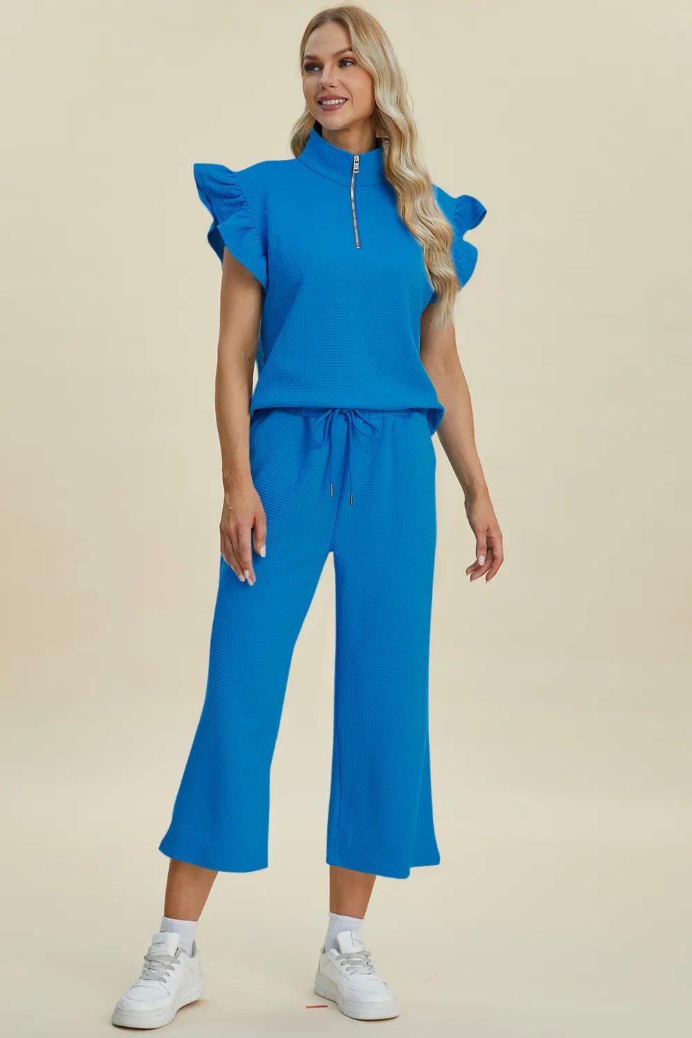 Double Take Full Size Texture Ruffle Short Sleeve Top and Wide Leg Pants Set - PBNJ FASHIONS