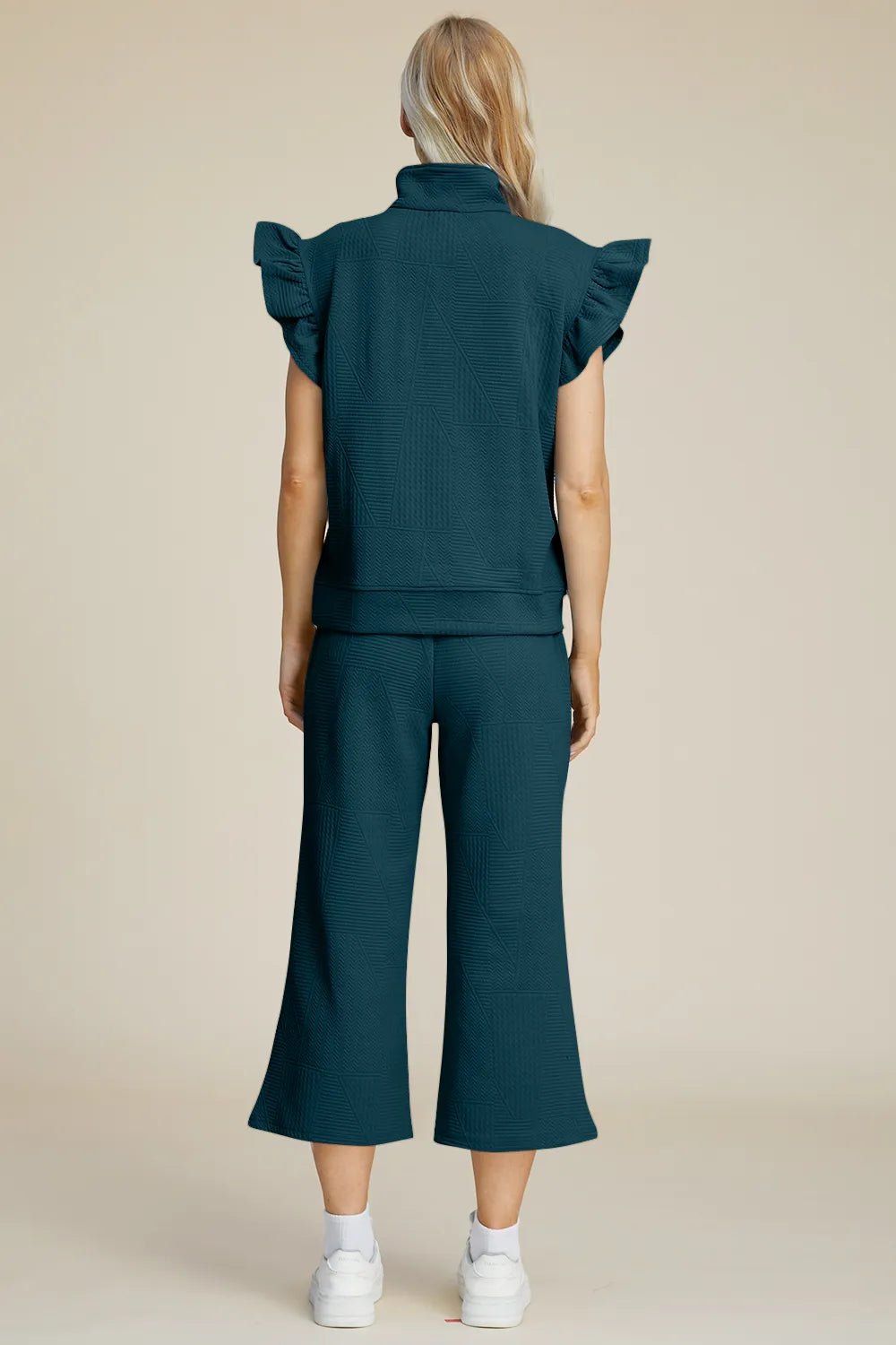 Double Take Full Size Texture Ruffle Short Sleeve Top and Wide Leg Pants Set - PBNJ FASHIONS