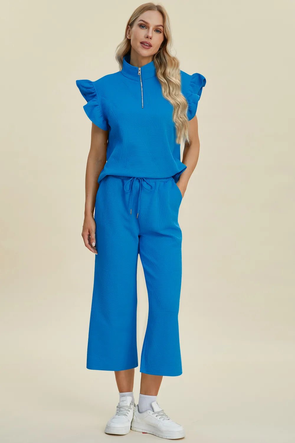 Double Take Full Size Texture Ruffle Short Sleeve Top and Wide Leg Pants Set - PBNJ FASHIONS