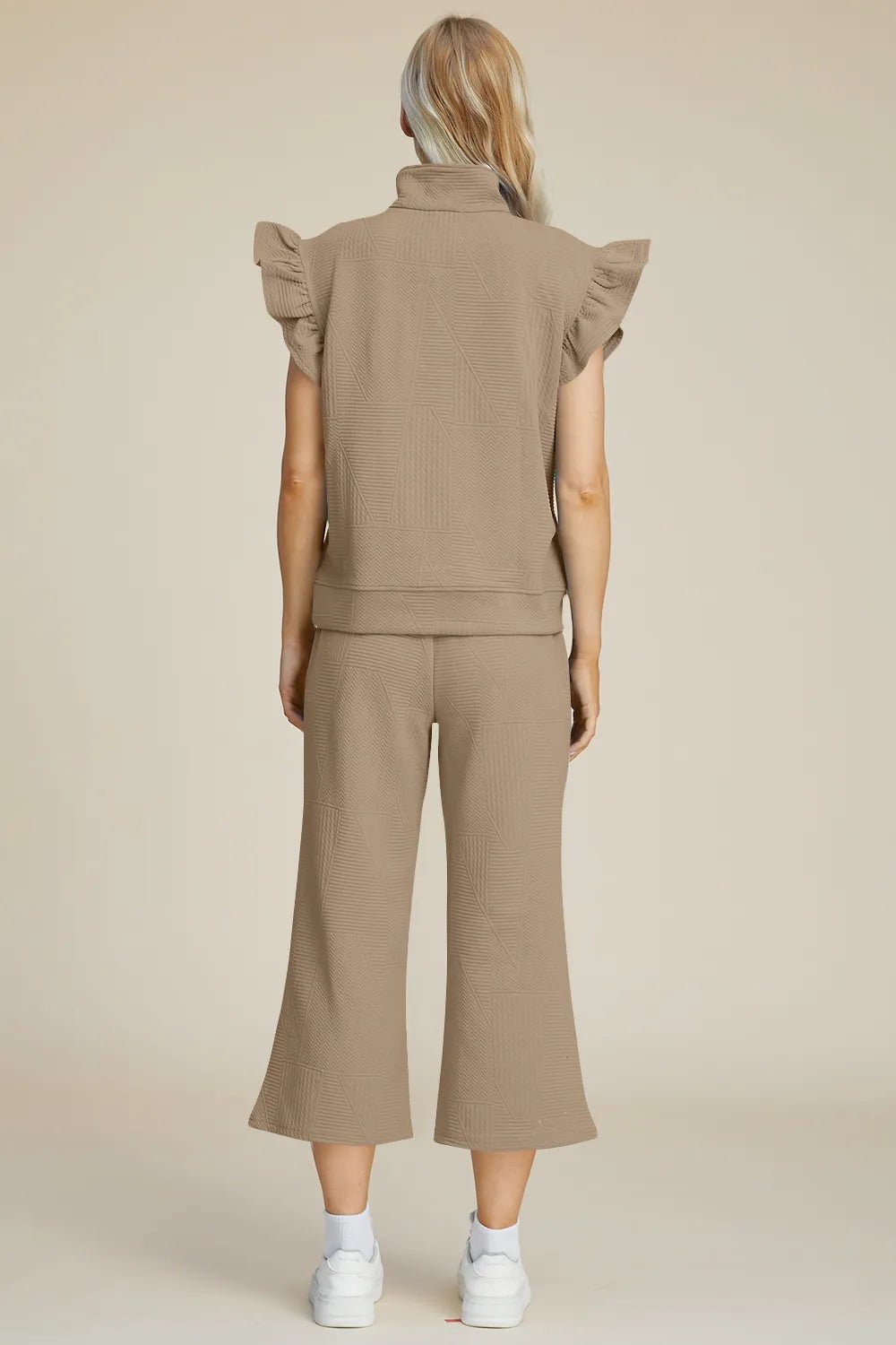 Double Take Full Size Texture Ruffle Short Sleeve Top and Wide Leg Pants Set - PBNJ FASHIONS