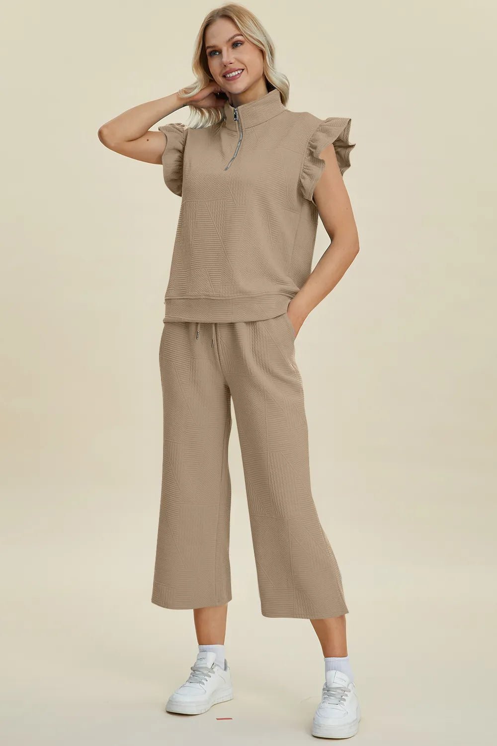 Double Take Full Size Texture Ruffle Short Sleeve Top and Wide Leg Pants Set - PBNJ FASHIONS
