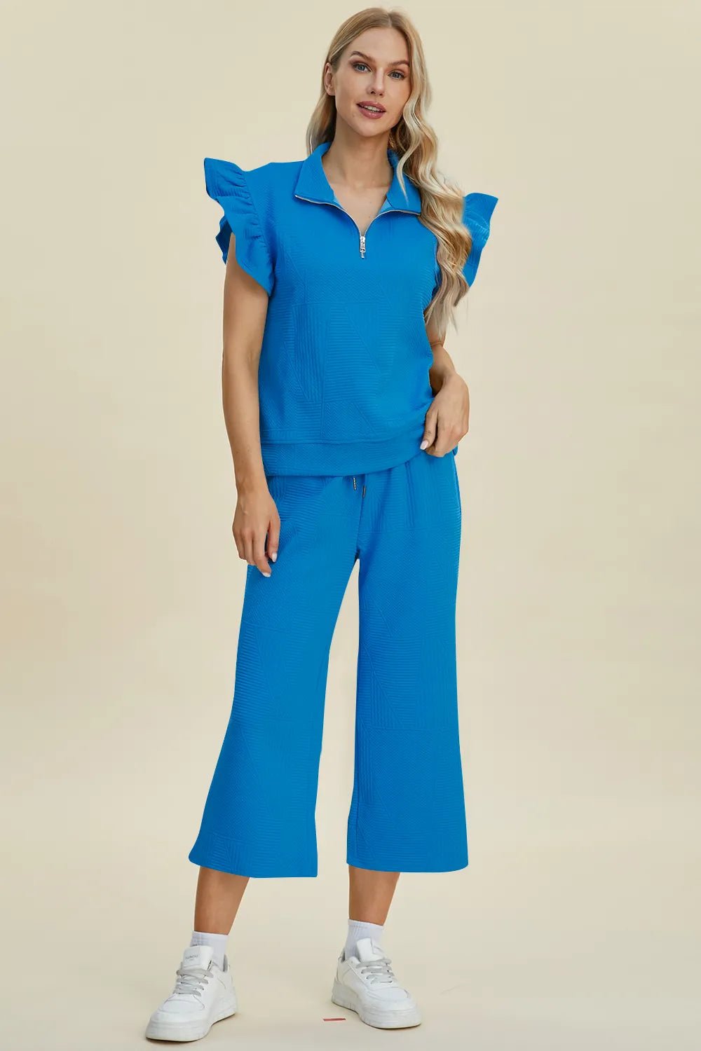 Double Take Full Size Texture Ruffle Short Sleeve Top and Wide Leg Pants Set - PBNJ FASHIONS