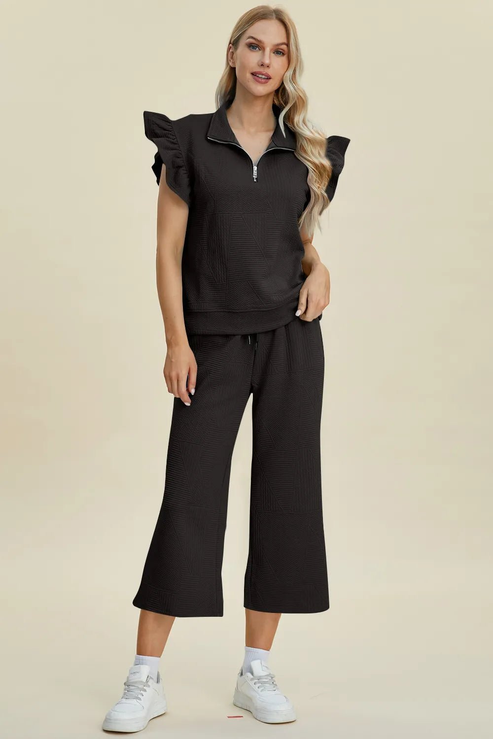 Double Take Full Size Texture Ruffle Short Sleeve Top and Wide Leg Pants Set - PBNJ FASHIONS