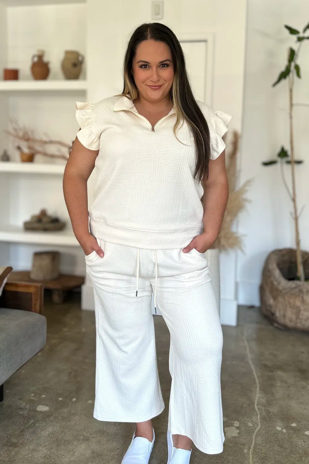 Double Take Full Size Texture Ruffle Short Sleeve Top and Wide Leg Pants Set - PBNJ FASHIONS