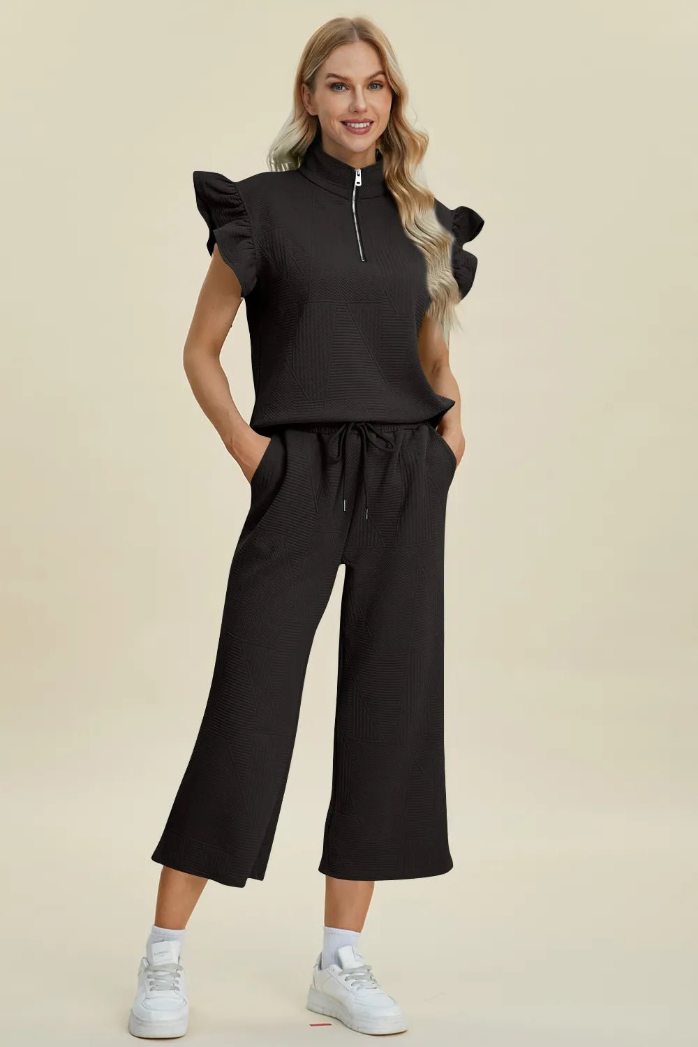 Double Take Full Size Texture Ruffle Short Sleeve Top and Wide Leg Pants Set - PBNJ FASHIONS