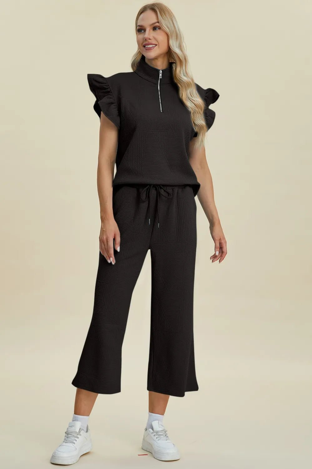 Double Take Full Size Texture Ruffle Short Sleeve Top and Wide Leg Pants Set - PBNJ FASHIONS