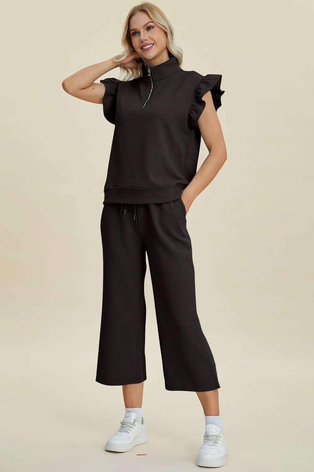 Double Take Full Size Texture Ruffle Short Sleeve Top and Wide Leg Pants Set - PBNJ FASHIONS