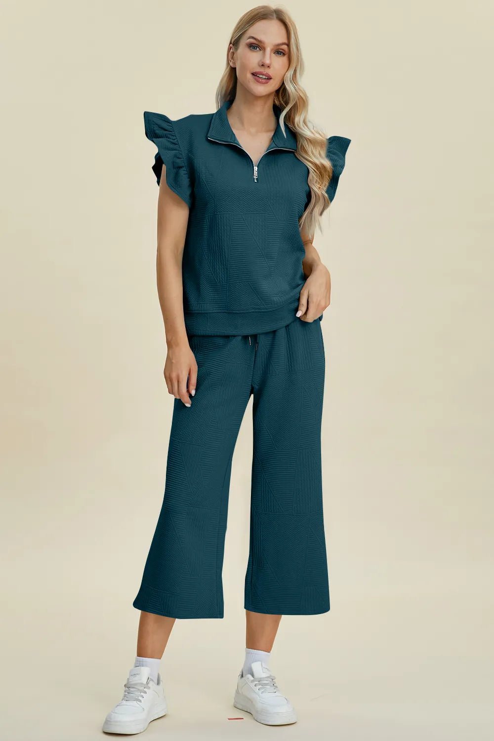 Double Take Full Size Texture Ruffle Short Sleeve Top and Wide Leg Pants Set - PBNJ FASHIONS