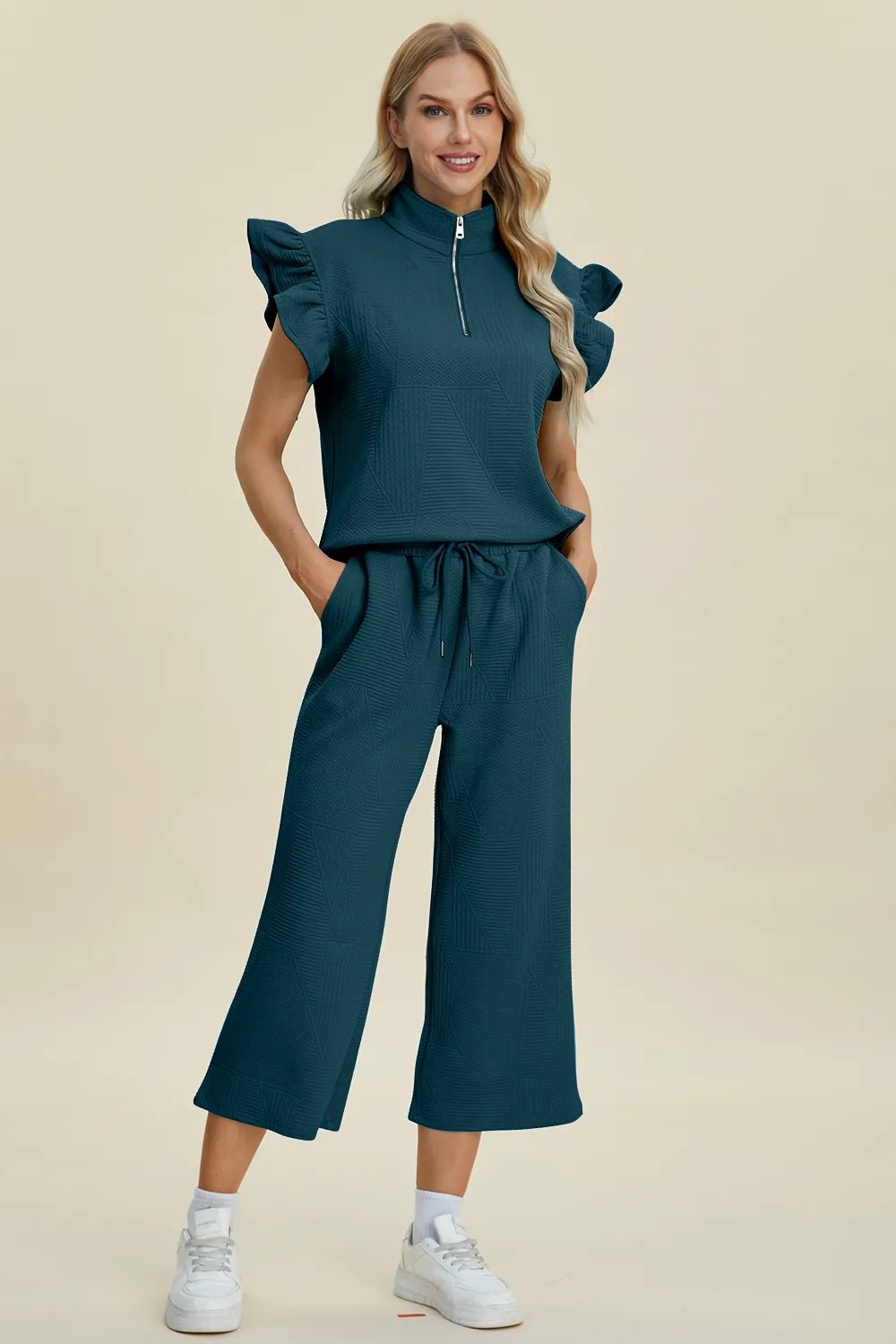 Double Take Full Size Texture Ruffle Short Sleeve Top and Wide Leg Pants Set - PBNJ FASHIONS