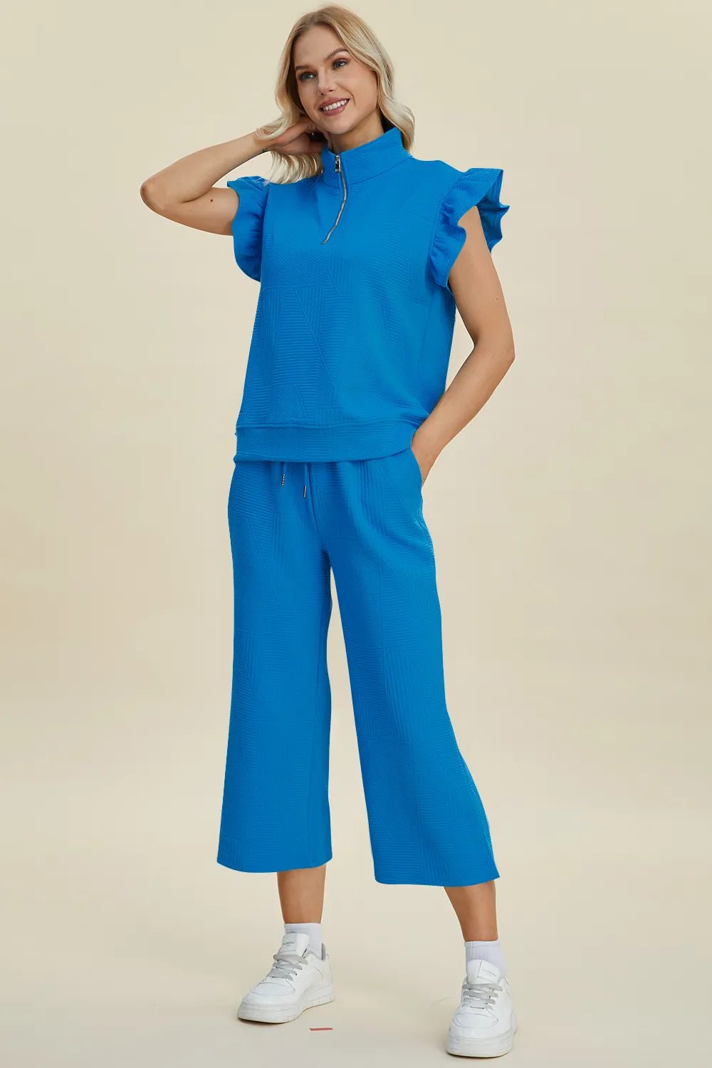Double Take Full Size Texture Ruffle Short Sleeve Top and Wide Leg Pants Set - PBNJ FASHIONS