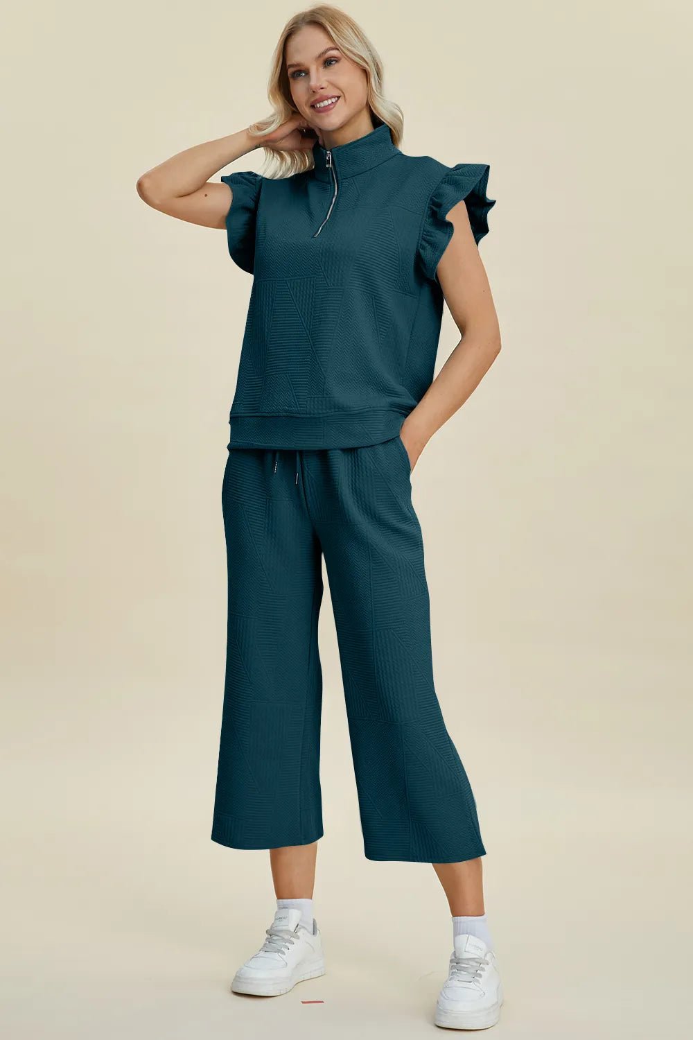 Double Take Full Size Texture Ruffle Short Sleeve Top and Wide Leg Pants Set - PBNJ FASHIONS