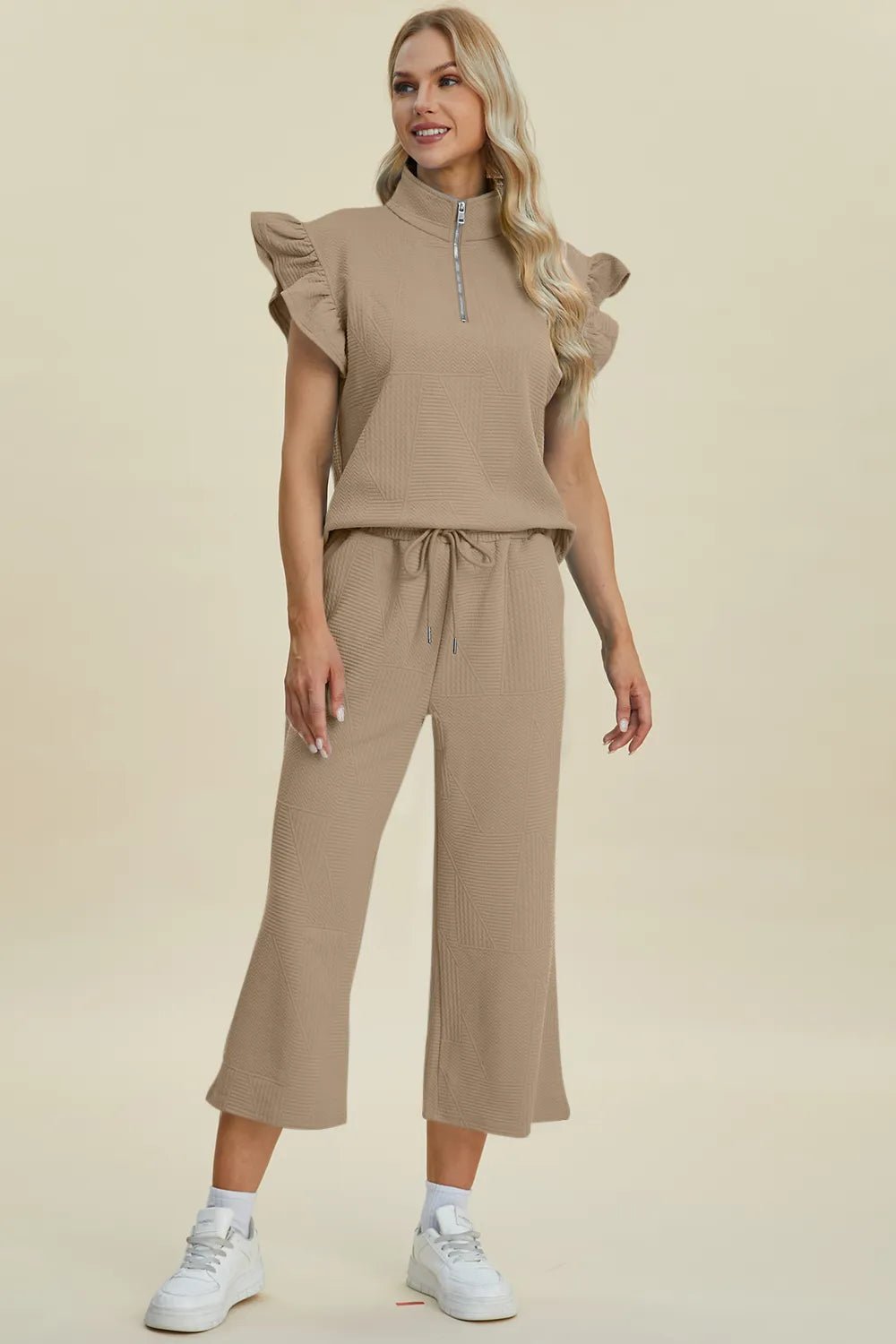 Double Take Full Size Texture Ruffle Short Sleeve Top and Wide Leg Pants Set - PBNJ FASHIONS
