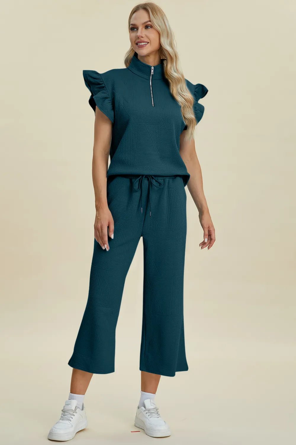 Double Take Full Size Texture Ruffle Short Sleeve Top and Wide Leg Pants Set - PBNJ FASHIONS