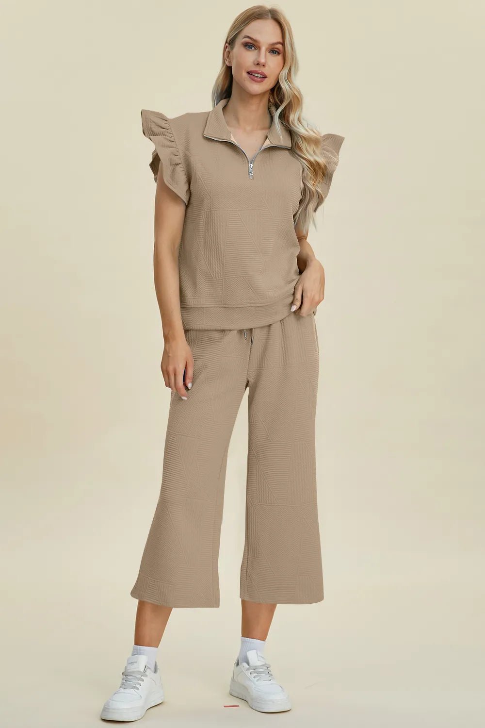 Double Take Full Size Texture Ruffle Short Sleeve Top and Wide Leg Pants Set - PBNJ FASHIONS