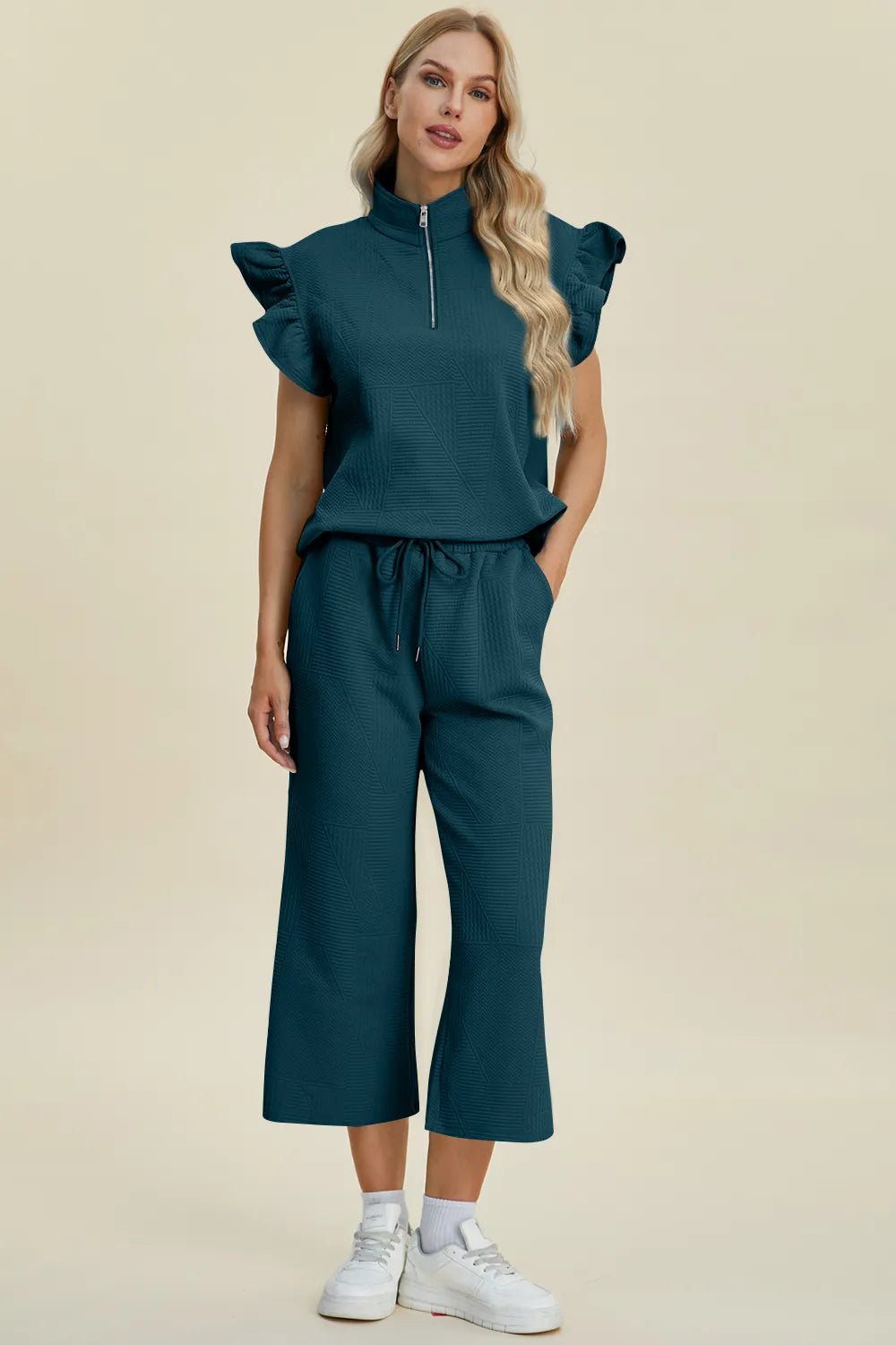 Double Take Full Size Texture Ruffle Short Sleeve Top and Wide Leg Pants Set - PBNJ FASHIONS