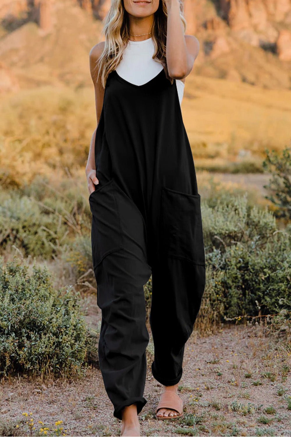 Double Take Full Size V - Neck Sleeveless Jumpsuit with Pockets - PBNJ FASHIONS