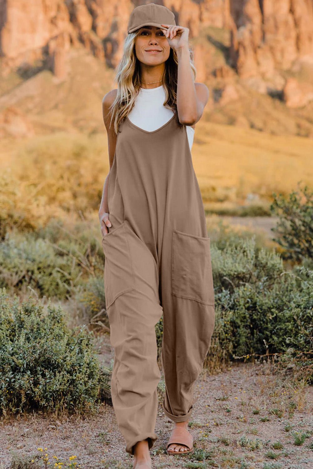 Double Take Full Size V - Neck Sleeveless Jumpsuit with Pockets - PBNJ FASHIONS