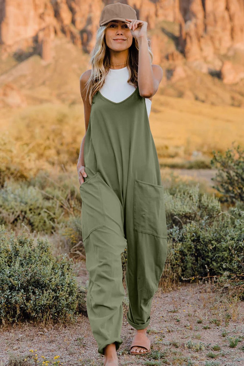 Double Take Full Size V - Neck Sleeveless Jumpsuit with Pockets - PBNJ FASHIONS