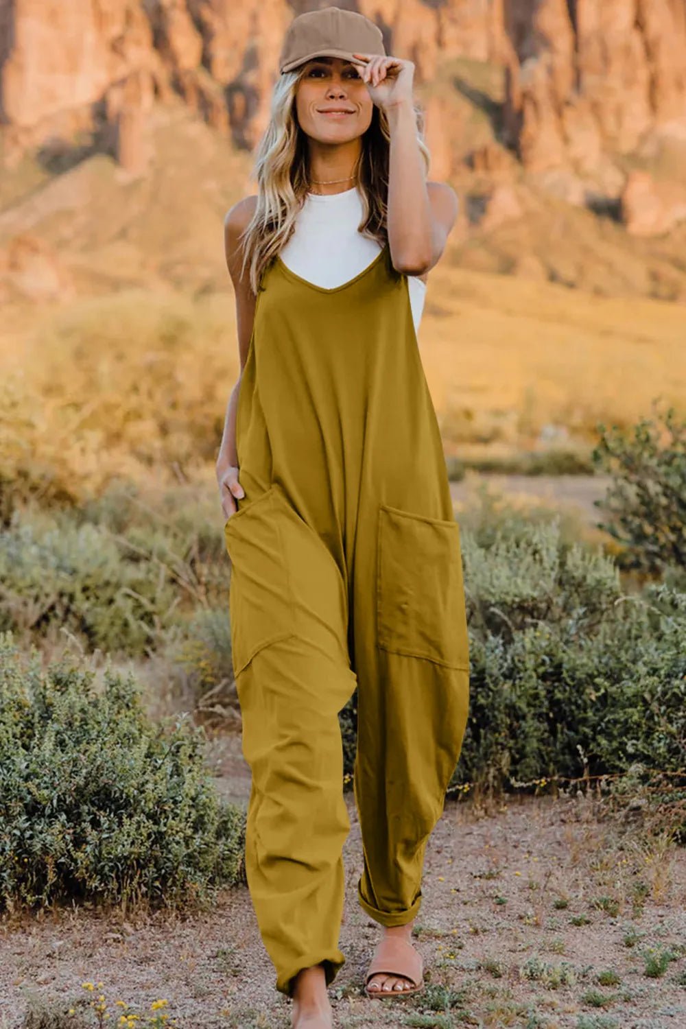 Double Take Full Size V - Neck Sleeveless Jumpsuit with Pockets - PBNJ FASHIONS