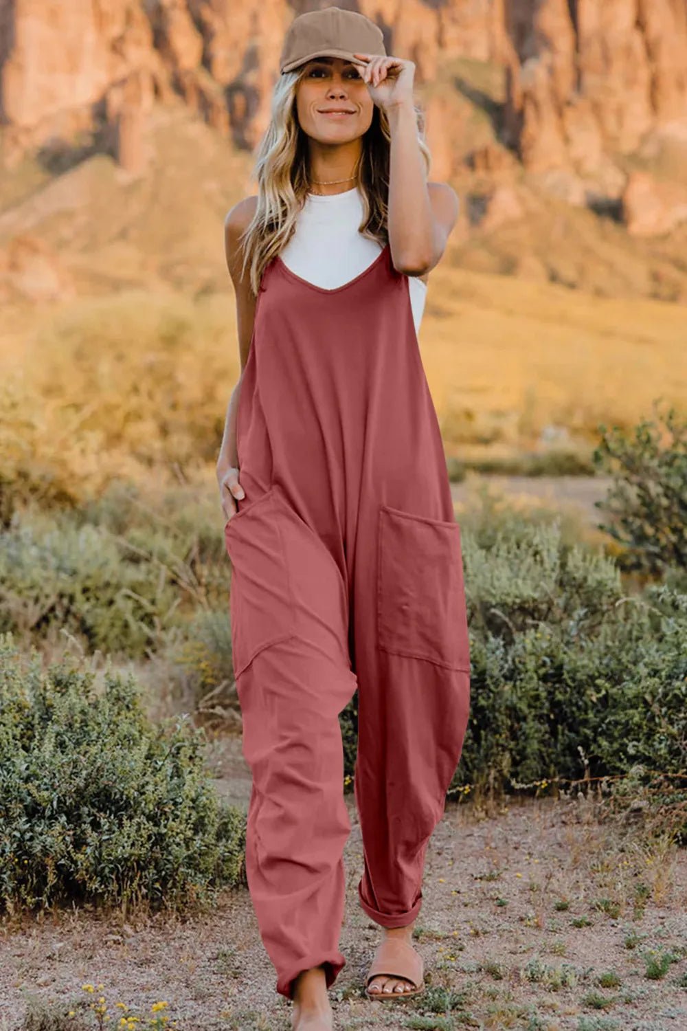 Double Take Full Size V - Neck Sleeveless Jumpsuit with Pockets - PBNJ FASHIONS