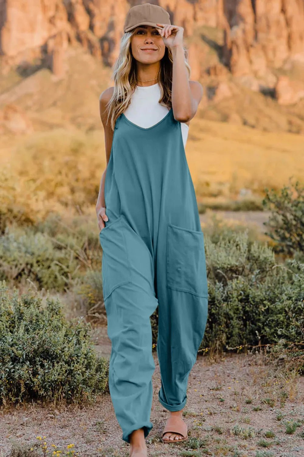 Double Take Full Size V - Neck Sleeveless Jumpsuit with Pockets - PBNJ FASHIONS
