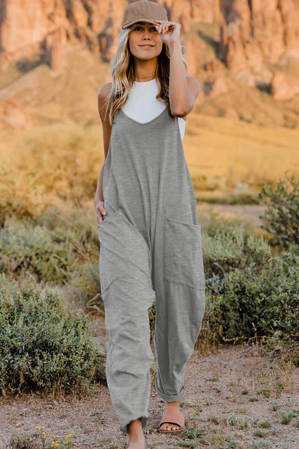 Double Take Full Size V - Neck Sleeveless Jumpsuit with Pockets - PBNJ FASHIONS