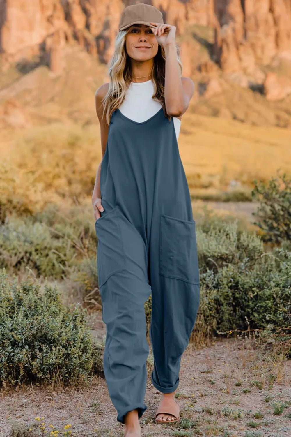 Double Take Full Size V - Neck Sleeveless Jumpsuit with Pockets - PBNJ FASHIONS