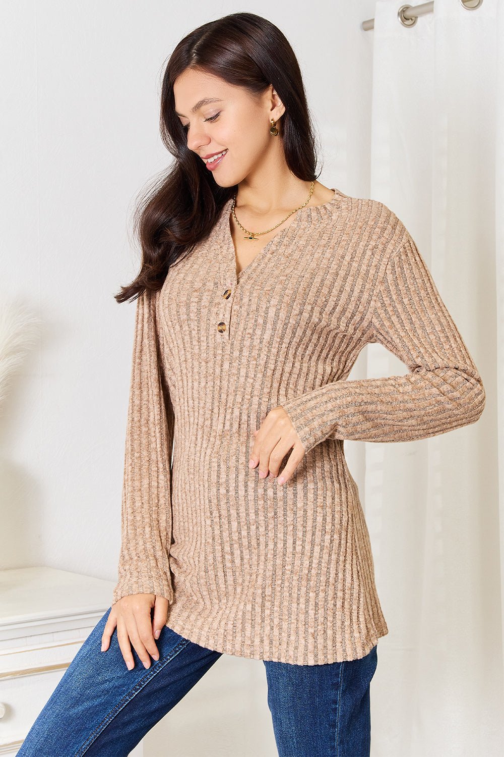 Double Take Notched Neck Ribbed Long Sleeve T-Shirt - PBNJ FASHIONS