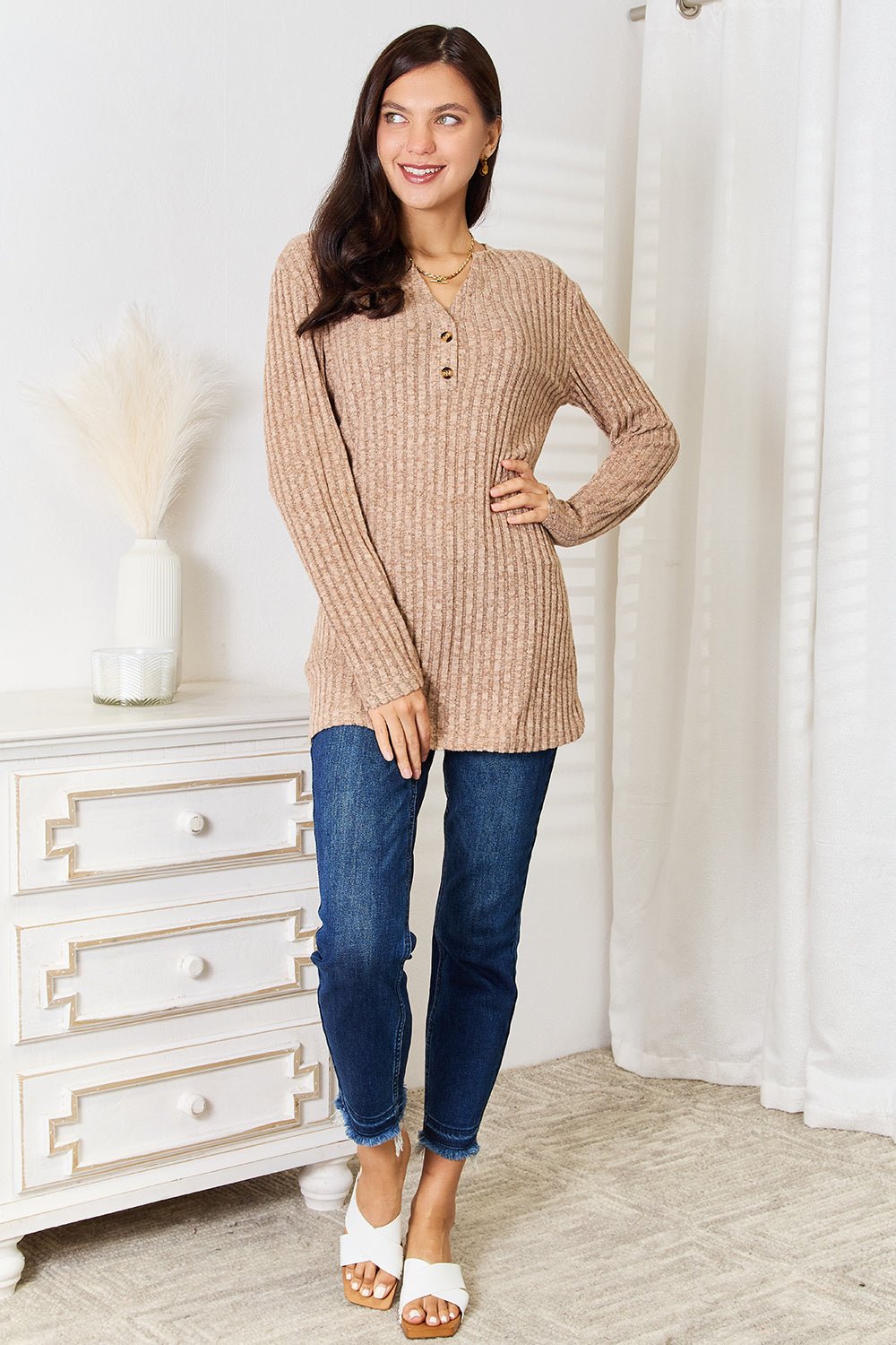 Double Take Notched Neck Ribbed Long Sleeve T-Shirt - PBNJ FASHIONS
