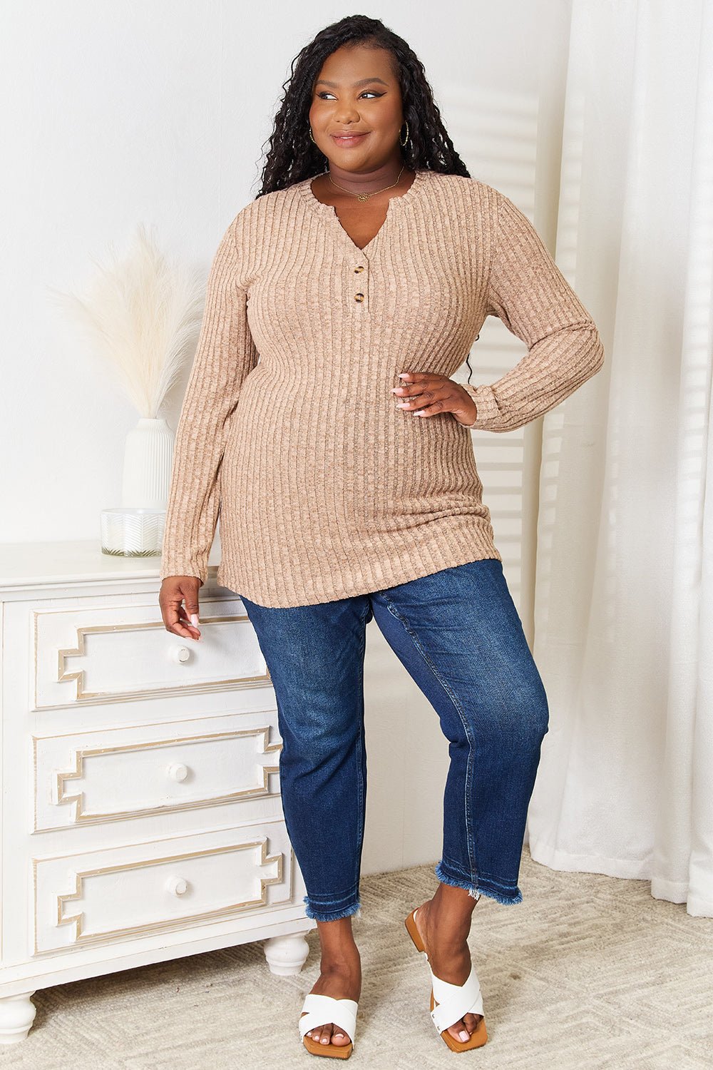 Double Take Notched Neck Ribbed Long Sleeve T-Shirt - PBNJ FASHIONS