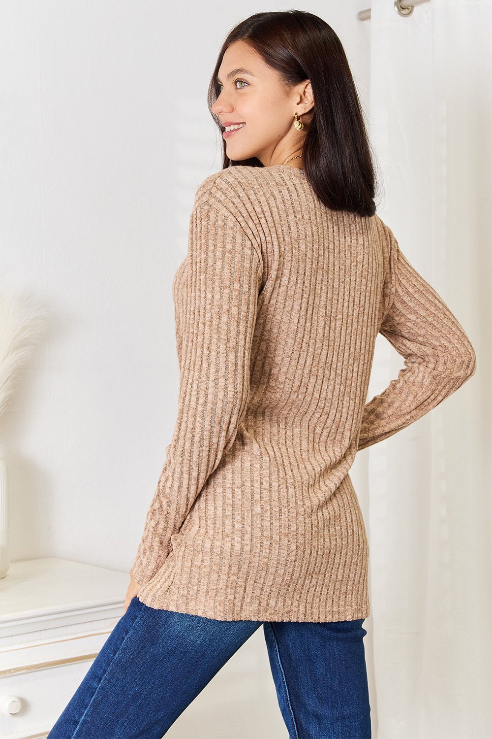 Double Take Notched Neck Ribbed Long Sleeve T-Shirt - PBNJ FASHIONS