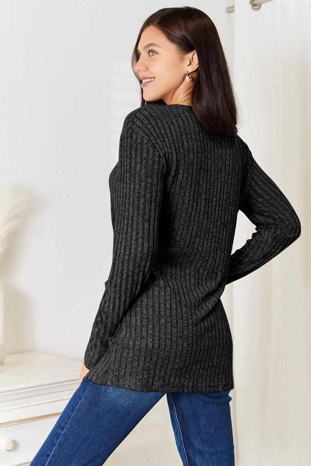 Double Take Notched Neck Ribbed Long Sleeve T-Shirt - PBNJ FASHIONS