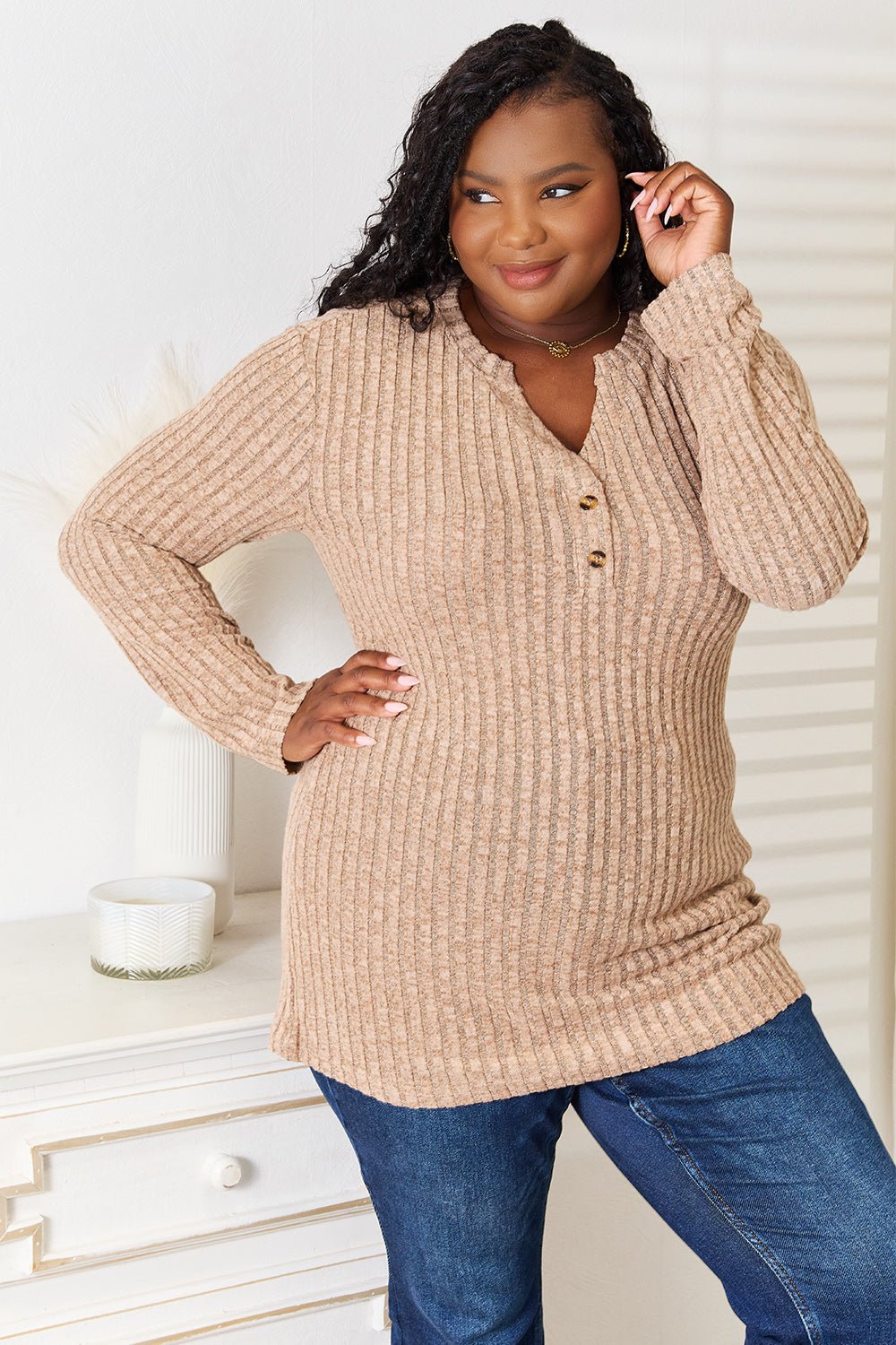 Double Take Notched Neck Ribbed Long Sleeve T-Shirt - PBNJ FASHIONS
