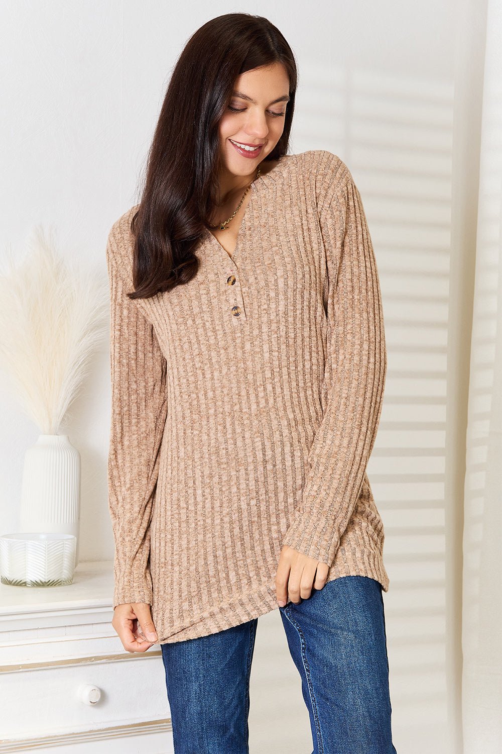 Double Take Notched Neck Ribbed Long Sleeve T-Shirt - PBNJ FASHIONS