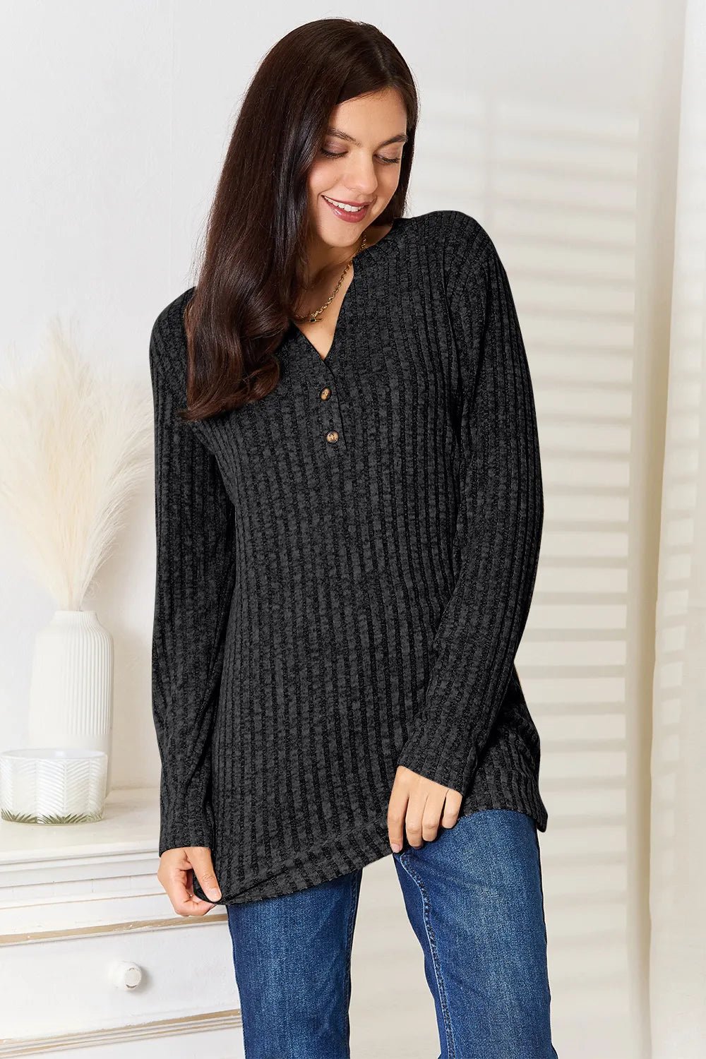 Double Take Notched Neck Ribbed Long Sleeve T-Shirt - PBNJ FASHIONS