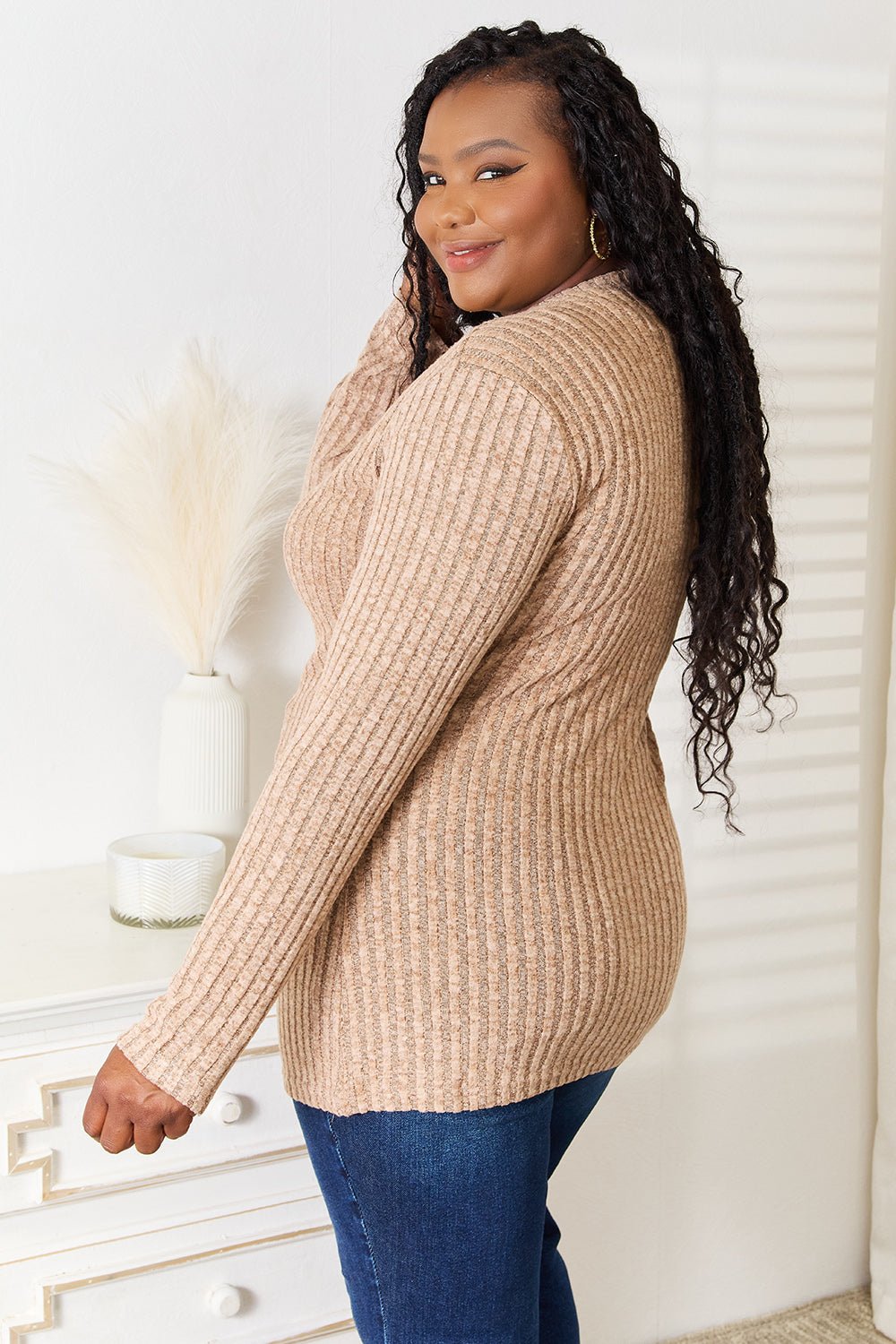 Double Take Notched Neck Ribbed Long Sleeve T-Shirt - PBNJ FASHIONS