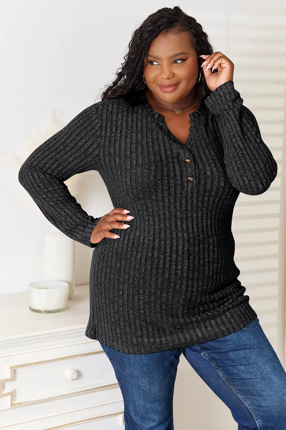 Double Take Notched Neck Ribbed Long Sleeve T-Shirt - PBNJ FASHIONS