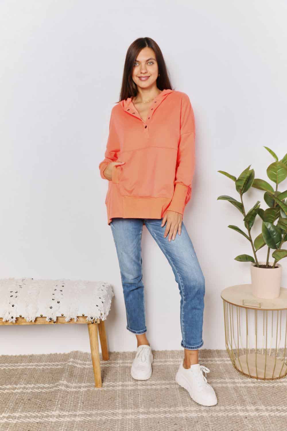 Double Take Quarter - Snap Dropped Shoulder Hoodie - PBNJ FASHIONS