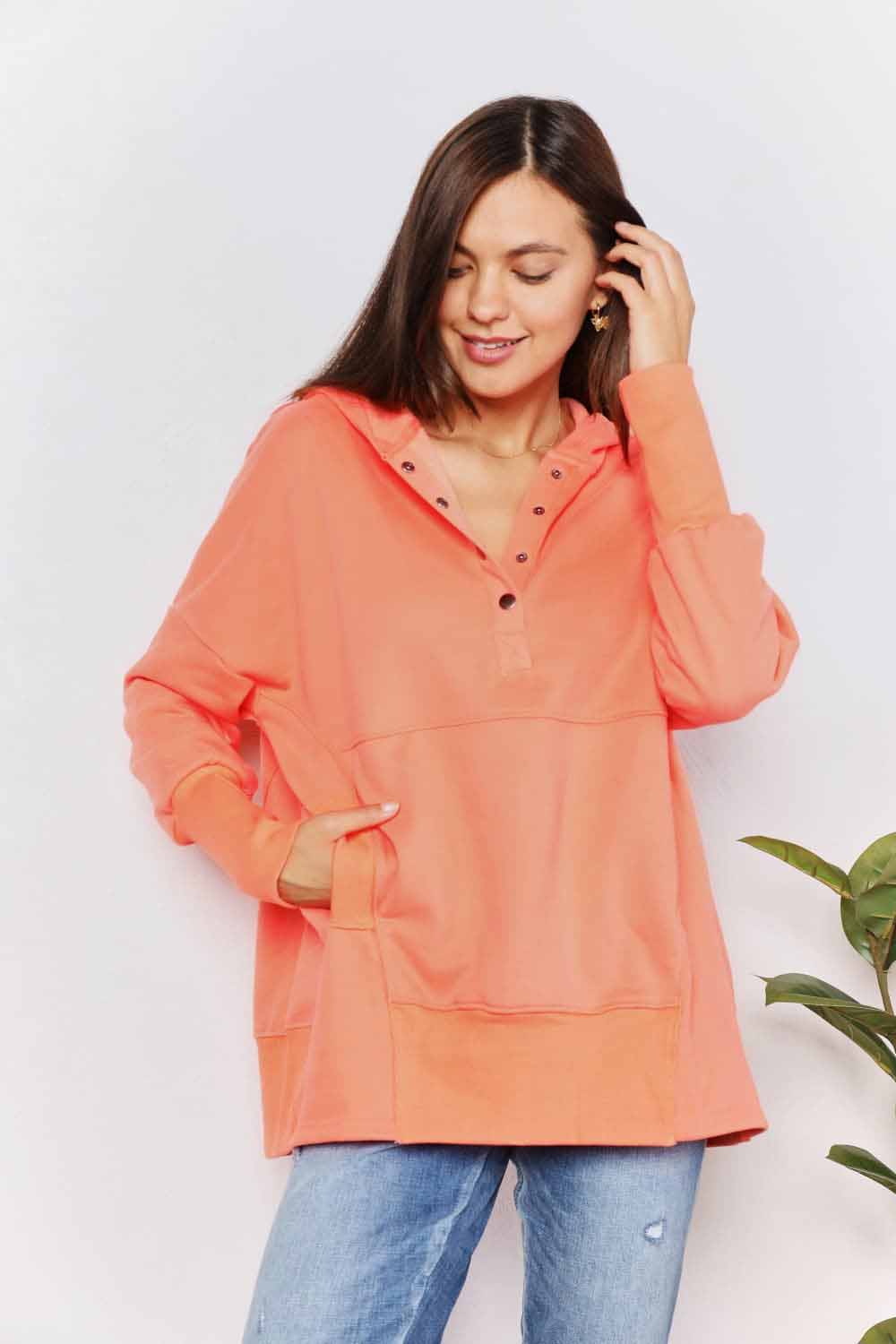 Double Take Quarter - Snap Dropped Shoulder Hoodie - PBNJ FASHIONS
