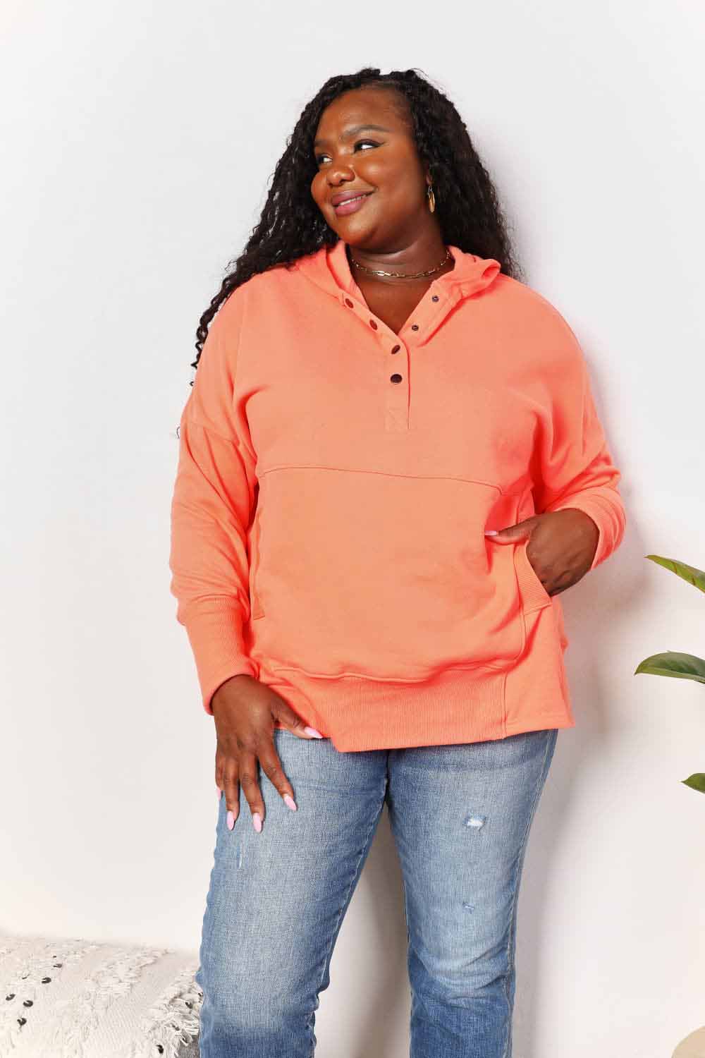 Double Take Quarter - Snap Dropped Shoulder Hoodie - PBNJ FASHIONS