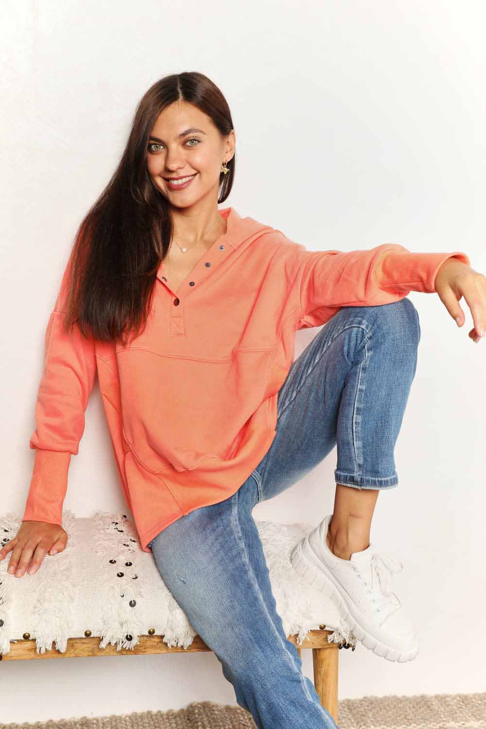 Double Take Quarter - Snap Dropped Shoulder Hoodie - PBNJ FASHIONS