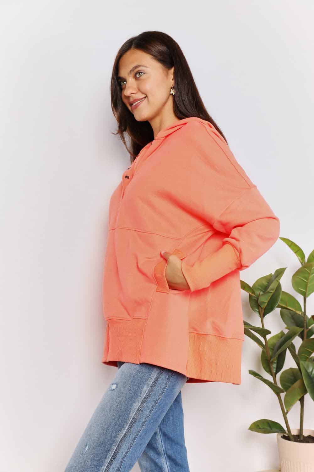 Double Take Quarter - Snap Dropped Shoulder Hoodie - PBNJ FASHIONS